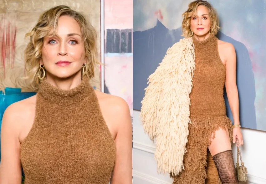 67-летняя Шэрон Стоун вышла в свет в платье с разрезом и чулках